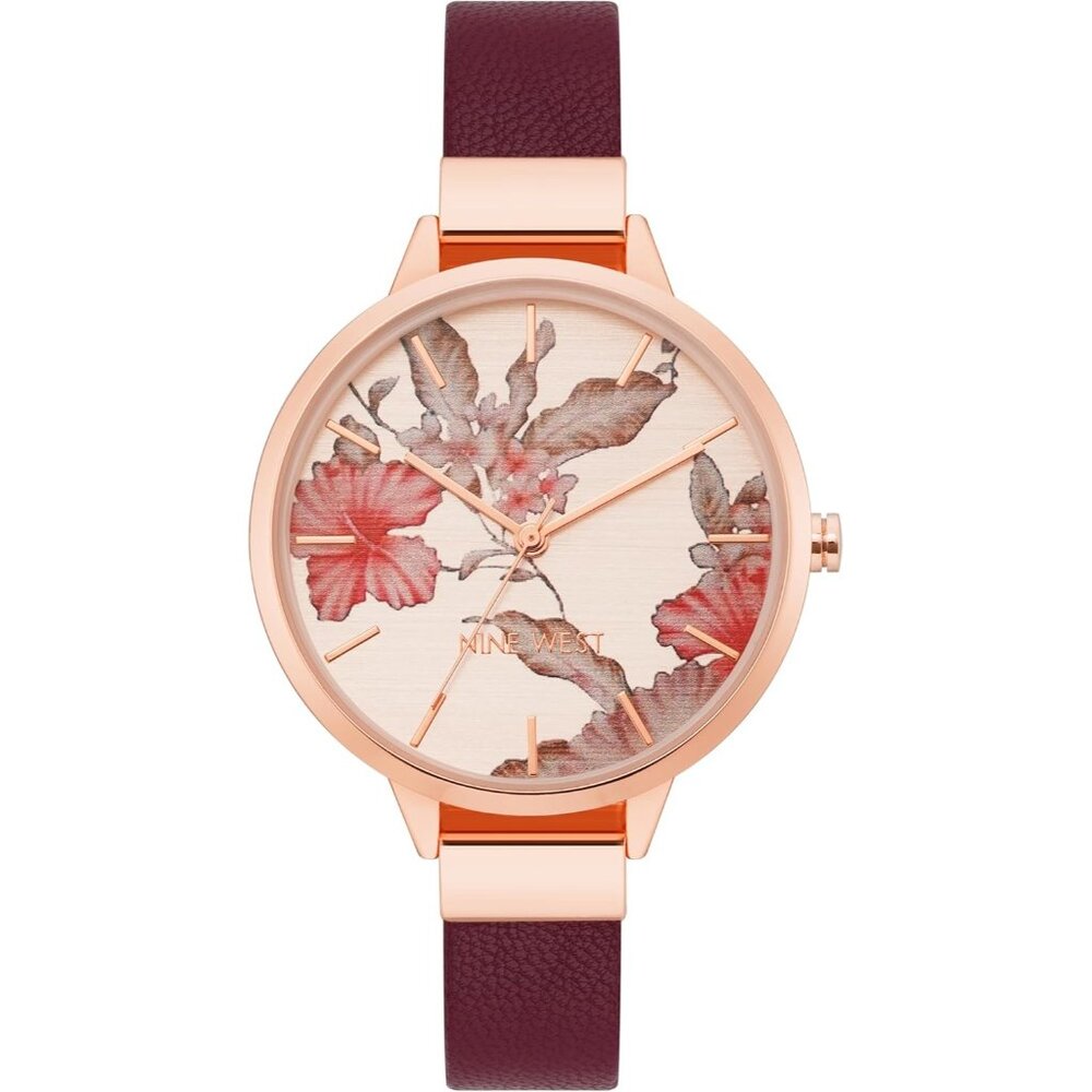 Women's Floral Rose/Gold Crystal Lens Smooth Leather Strap Buckle Closure Watch